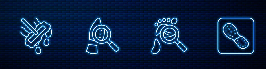 Set line Magnifying glass with footsteps, Mop, and Human footprints shoes. Glowing neon icon on brick wall. Vector - obrazy, fototapety, plakaty
