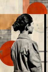 Minimalist retro collage in groove style. a woman on the background of a geometric collage