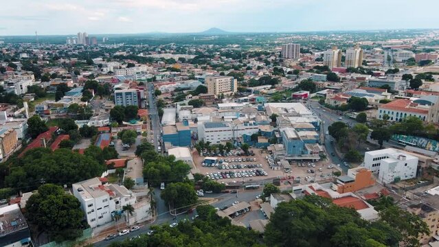 Aerial city scape at sunset in summer in central Cuiaba Mato Grosso