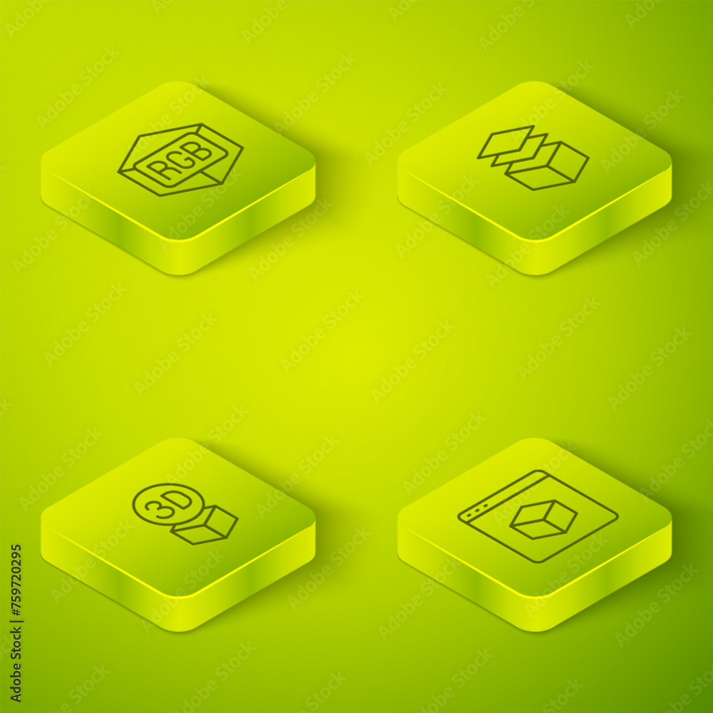 Poster set isometric line layers, isometric cube, 3d printer and rgb and cmyk color mixing icon. vector