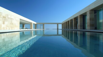 Fototapeta premium A crystal clear tranquil reflecting pool surrounded by minimalist architecture