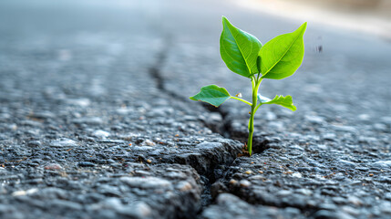 Small green plant growing out of crack in asphalt road. Environmental problems, urbanization, hope and new beginnings