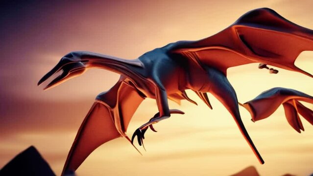 Flying dinosaur pterodactyl in sky, pterosaur, generative ai,