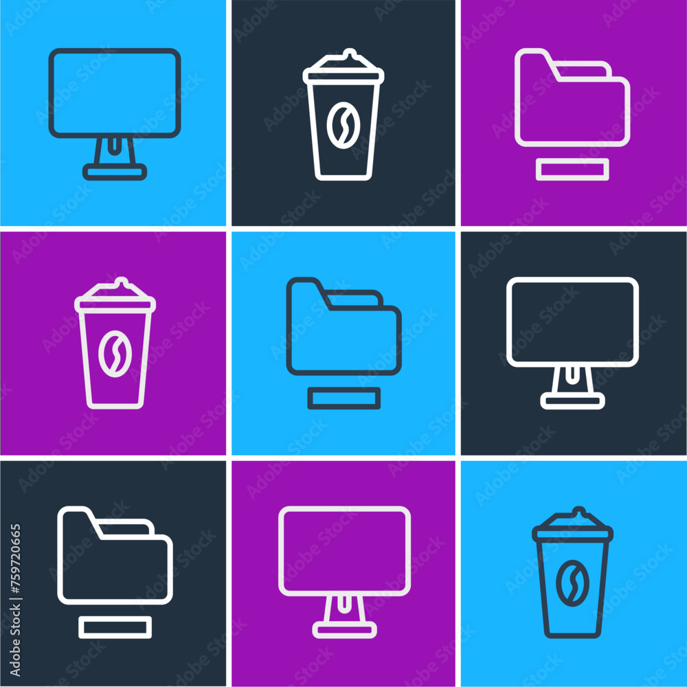 Poster set line computer monitor, document folder and coffee cup go icon. vector