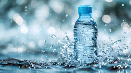 Small plastic water bottle with water splash background