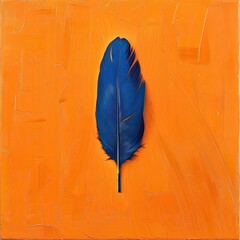 A single vibrant blue feather against a contrasting bright orange backdrop
