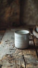 A single handmade ceramic mug on a rustic