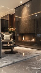 A sleek modern fireplace in a luxurious living room setting