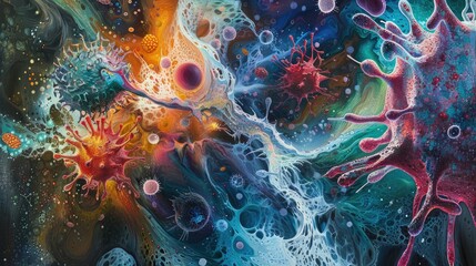 A vibrant clash of viruses and immune cells depicted as a dynamic abstract painting