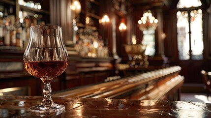 A vintage cognac in a crystal glass set against the backdrop of an old