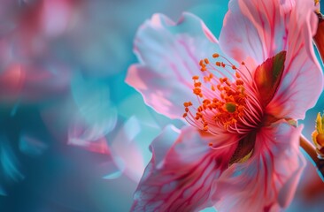 Delicate White Petals with Red Veins and Vibrant Orange Stamens Against a Soft Blue and Green Ethereal Backdro