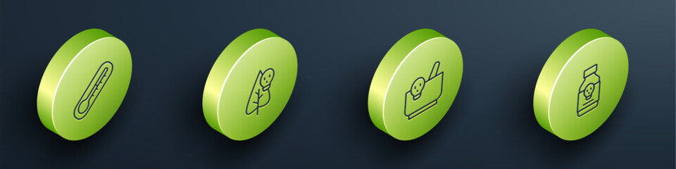 Set Isometric line Thermometer, Poison flower, Mortar and pestle and Poisoned pill icon. Vector