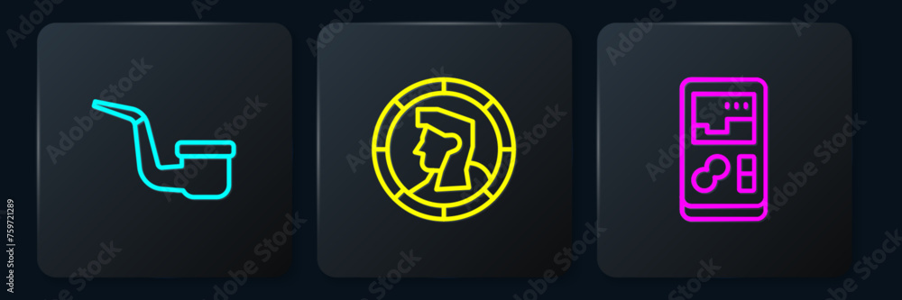 Poster set line smoking pipe, portable video game console and ancient coin. black square button. vector