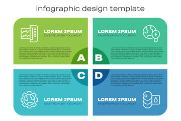 Set line Gear wheels and earth, Seismograph, Barrel oil and Global planet with bulb. Business infographic template. Vector