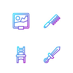 Set line Medieval sword, Chair, Picture and Hairbrush. Gradient color icons. Vector