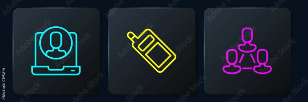 Poster set line telephone 24 hours support, employee hierarchy and mobile. black square button. vector