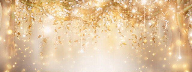 Golden branches with leaves and hanging glowing lights on a blurred background. - obrazy, fototapety, plakaty