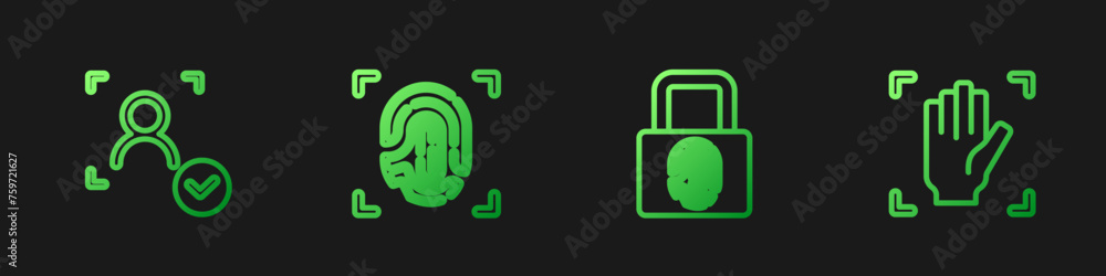 Poster set line fingerprint with lock, face recognition, and palm. gradient color icons. vector