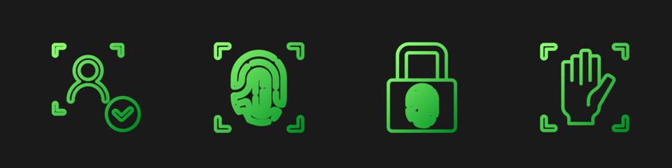 Set line Fingerprint with lock, Face recognition, and Palm. Gradient color icons. Vector