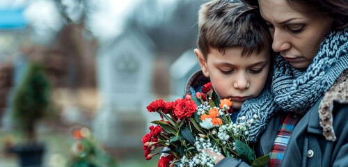 An emotive image of a mother comforting her son while holding flowers at a cemetery - obrazy, fototapety, plakaty