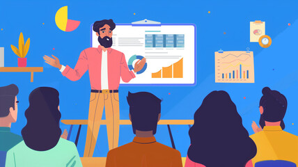 A cartoon illustration of diverse business people working in a bright office