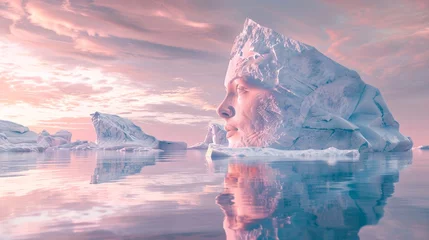 Schilderijen op glas Dreamy landscape with a giant female face shaped iceberg floating in calm pink-hued waters reflecting serenity and nature's artistry © Radomir Jovanovic