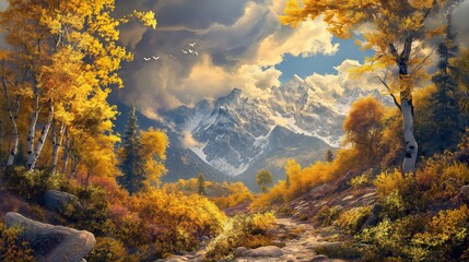 Golden Autumn Splendor: A Breathtaking View of Lush Foliage Amidst Majestic Mountains Under a Dramatic Sky