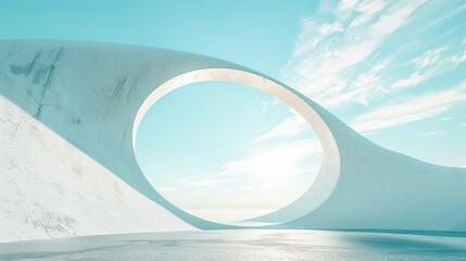A surreal white circular structure contrasts against a crisp blue sky amidst a calm snowy landscape