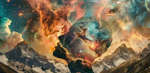 A visually striking composite with mountains juxtaposed against a vibrant, colorful nebula in the cosmos
