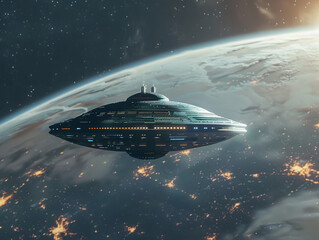 Alien spaceship hovered motionless in space against the background of the earth. alien invasion, spacecraft of the humanoids 