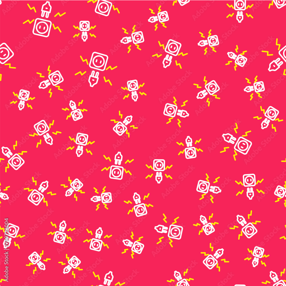 Poster line connecting electric plug with electricity spark icon isolated seamless pattern on red backgroun