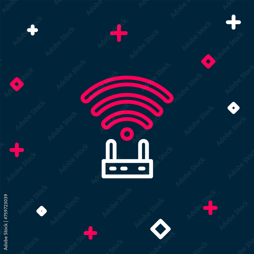 Poster line router and wi-fi signal icon isolated on blue background. wireless ethernet modem router. compu