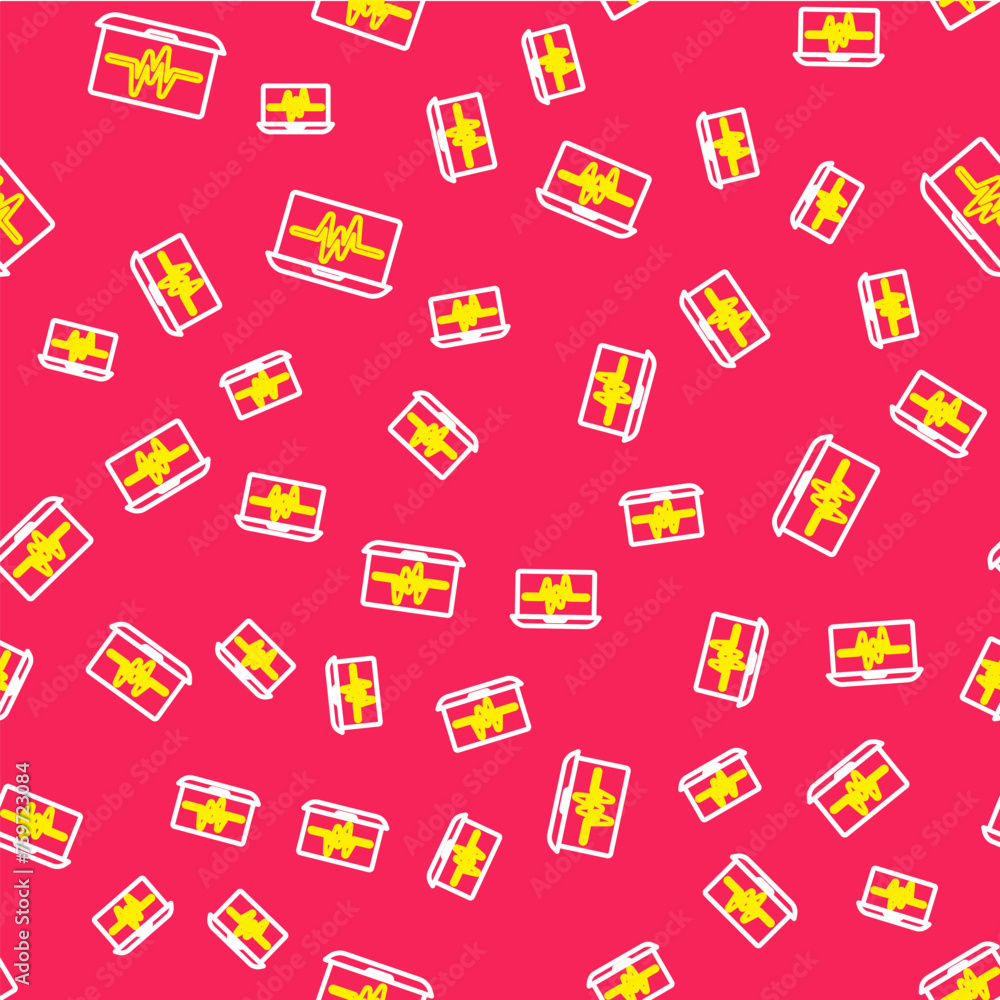 Poster line laptop with cardiogram icon isolated seamless pattern on red background. monitoring icon. ecg m