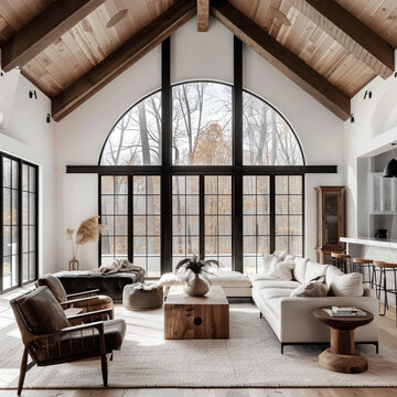 a modern living room with vaulted ceiling and black mullion windows. minimalist furniture with warm wood tones