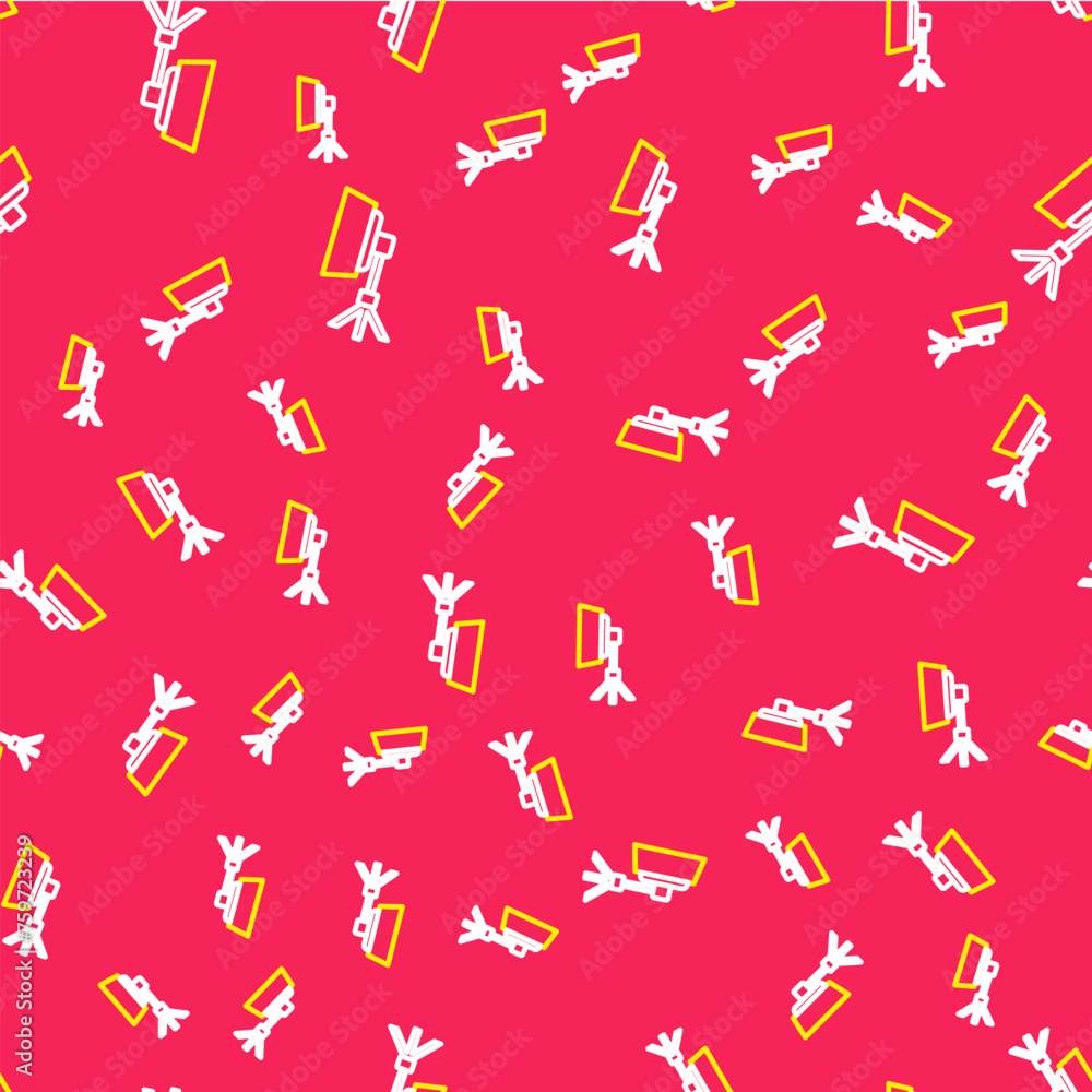 Poster line studio light bulb in softbox icon isolated seamless pattern on red background. shadow reflectio