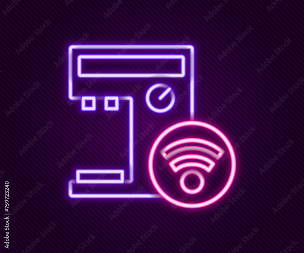 Poster glowing neon line smart coffee machine system icon isolated on black background. internet of things 