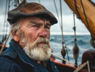 An elderly man with a skipper's beard wearing captain's cap. Fishing schooner in the North Sea  - obrazy, fototapety, plakaty
