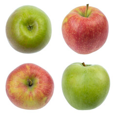 Set of fresh whole and cut apple and slices isolated on white background. From top view.
