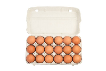 brown hen eggs in carton box isolated on white background.