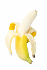 Obraz premium Yellow, ripe, peeled banana isolated on white background.
