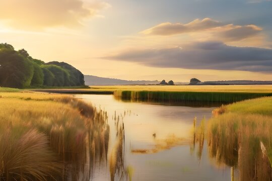 Serene landscape of reed meadow by river at sunset picturesque scene capturing tranquil beauty of nature with golden sunlight reflecting on water perfect for backgrounds depicting Generative AI 