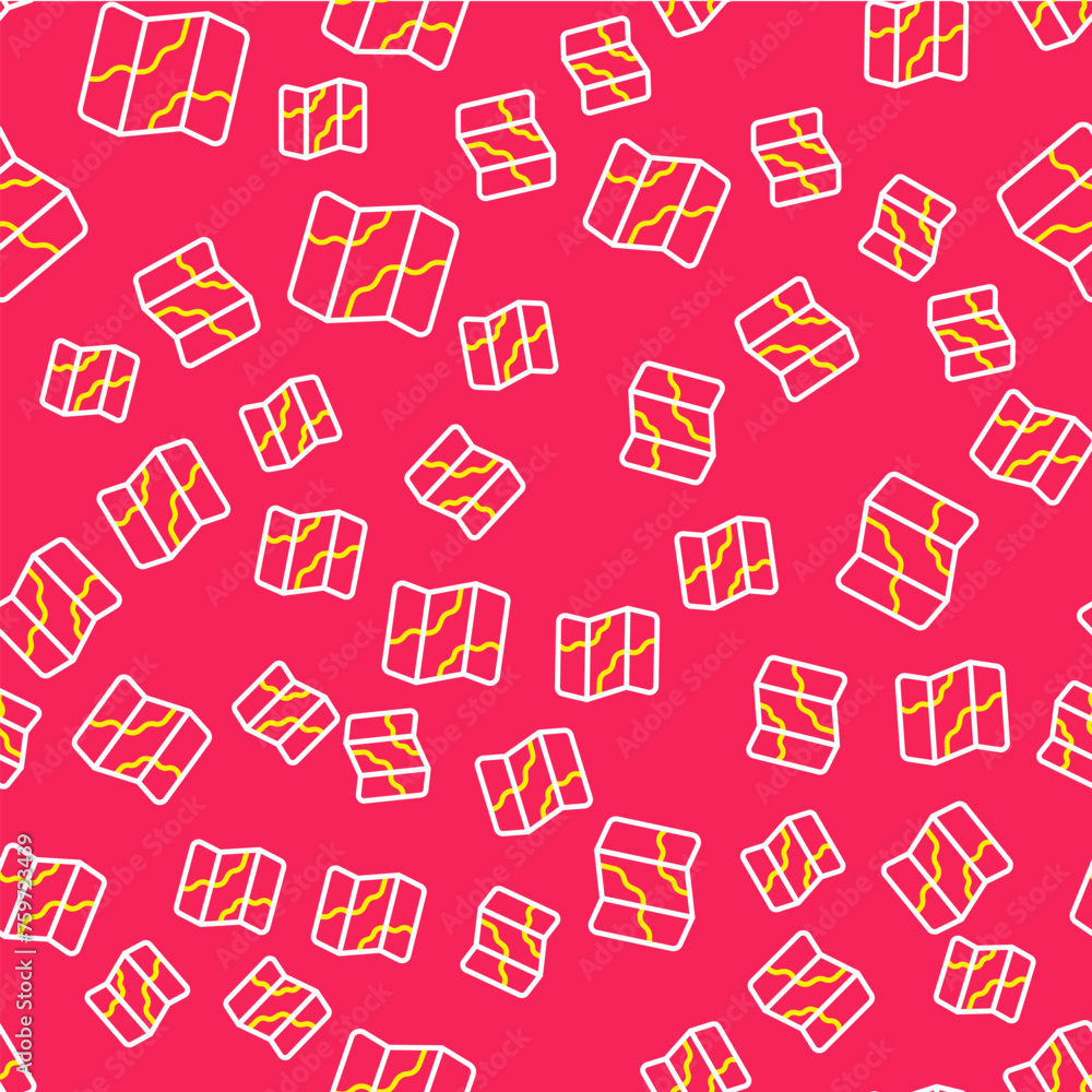 Poster line camping and hiking on map icon isolated seamless pattern on red background. vector