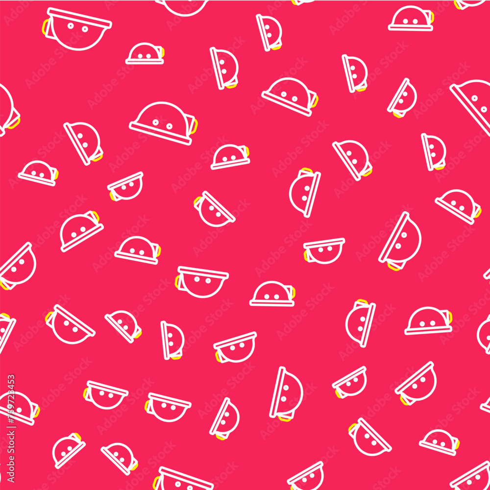 Poster line miner helmet icon isolated seamless pattern on red background. vector