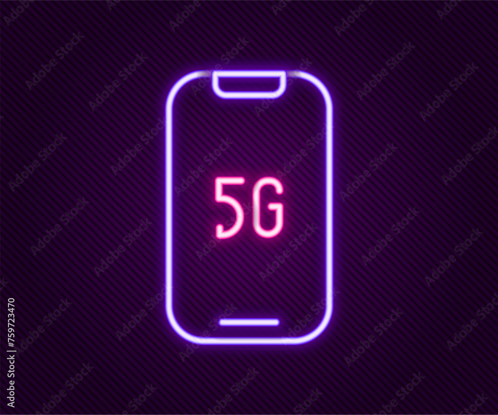 Poster glowing neon line mobile with 5g new wireless internet wifi icon isolated on black background. globa