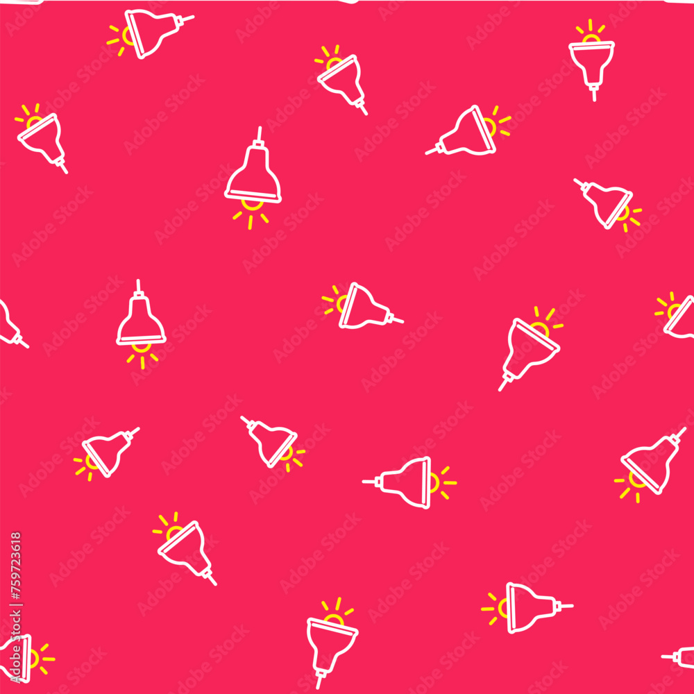Poster line lamp hanging icon isolated seamless pattern on red background. ceiling lamp light bulb. vector
