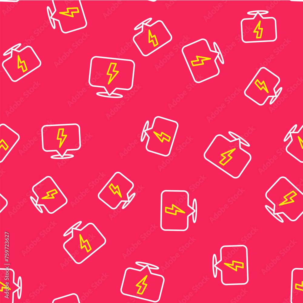 Poster line lightning bolt icon isolated seamless pattern on red background. flash sign. charge flash icon.
