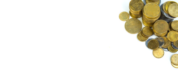 Old golden and silvery coins . History coins texture pattern Money background. Top view. Banner.