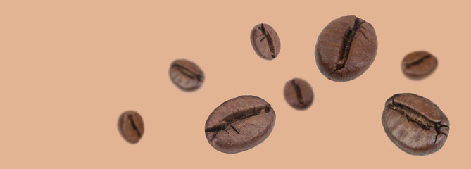 Falling coffee beans isolated on background. Flying defocused coffee beans. Used for cafe advertising, packaging, menu design. Banner.