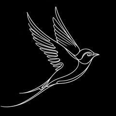 An illustration of a bird with spread wings, flying through the sky in black and white.