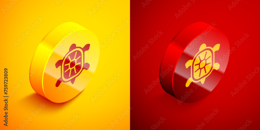 Poster isometric turtle icon isolated on orange and red background. circle button. vector